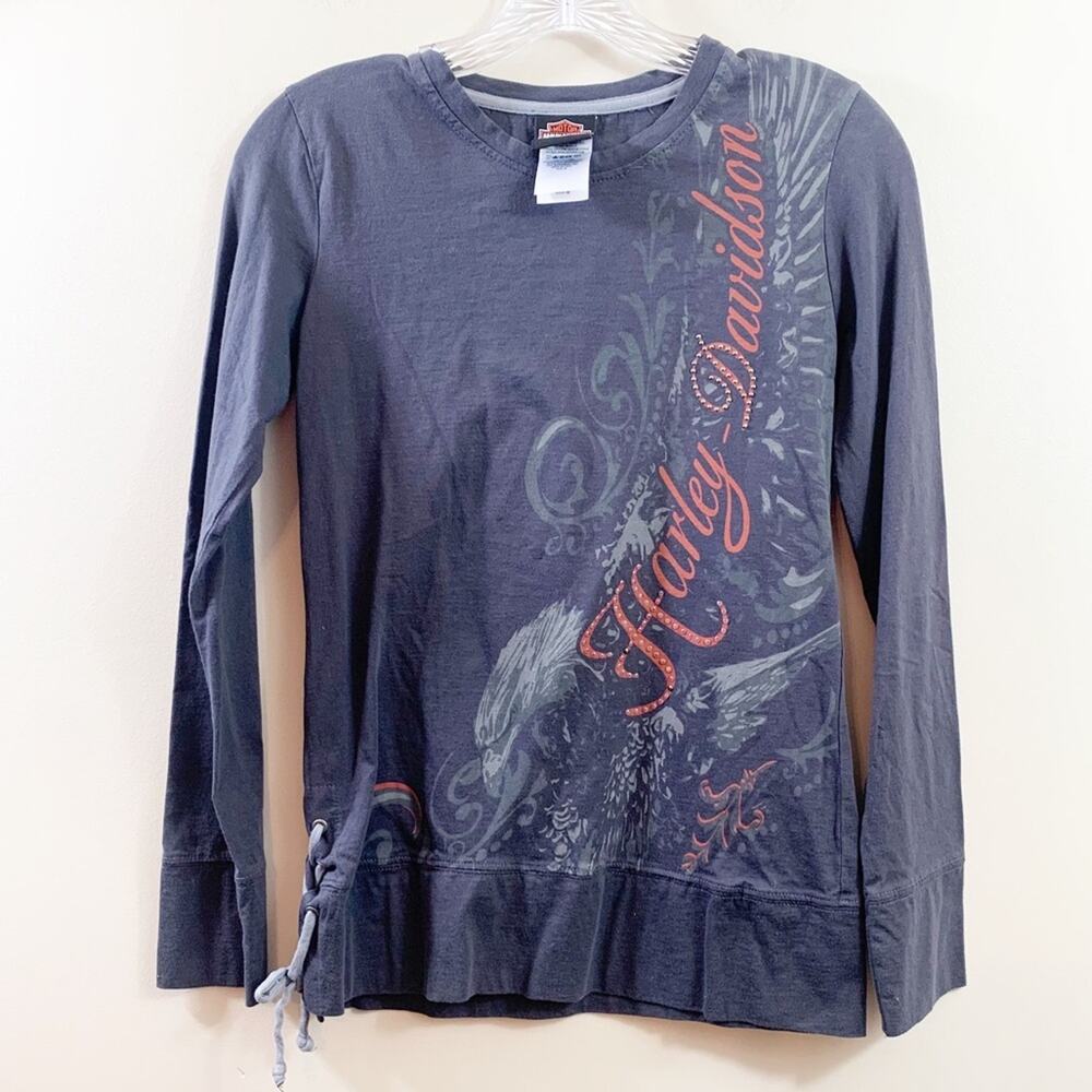 Harley-Davidson Logo Lace-Up Side Gray/Red Long Sleeve Top